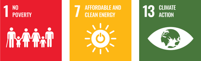 UN sustainable development goals: 1 - No poverty, 7 - affordable and clean energy and 13 - climate action.