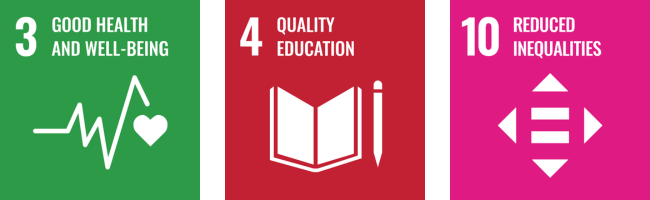 UN sustainable development goals: 3 - good health and well-being, 4 - quality education and 10 - reduced inequalities