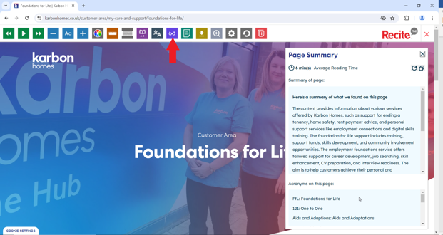 Recite Me’s new AI-powered page summariser in action on our website.